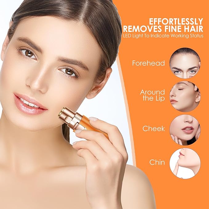 Eyebrow Facial Trimmer: 2 in1 Rechargeable Facial Hair Removal and Eyebrow Shaver - Face Lips Body Painless Facial Razor with Built-in LED Light (Orange)