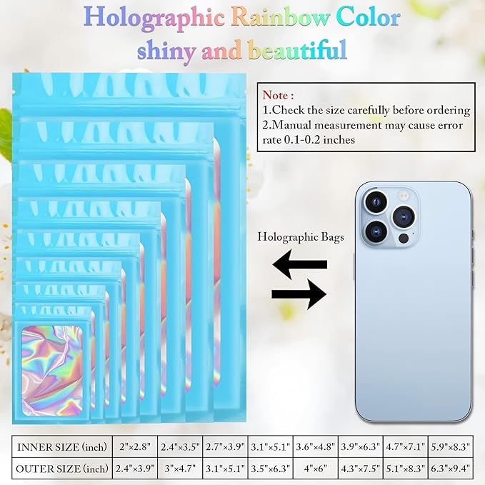 ANZNKU 100 Pack Mylar Bags Reasealable Holographic Bags, Smell Proof Bag Zipper Pouches with Clear Window, Jewelry Candy Sealable Bag for Packaging Sample Party Favor(Blue, 7.1 x 10.2 Inch)