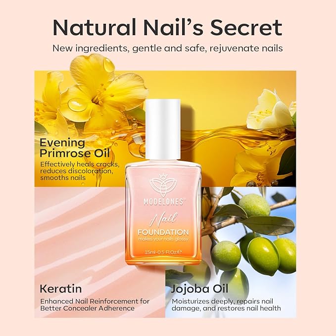 modelones Nail Strengthener, Iridescent Pink Nail Natural Concealer Foundation Polish Air Dry Nail Growth Polish for Damaged Nails Imperfection Masking Gifts for Women 15ml