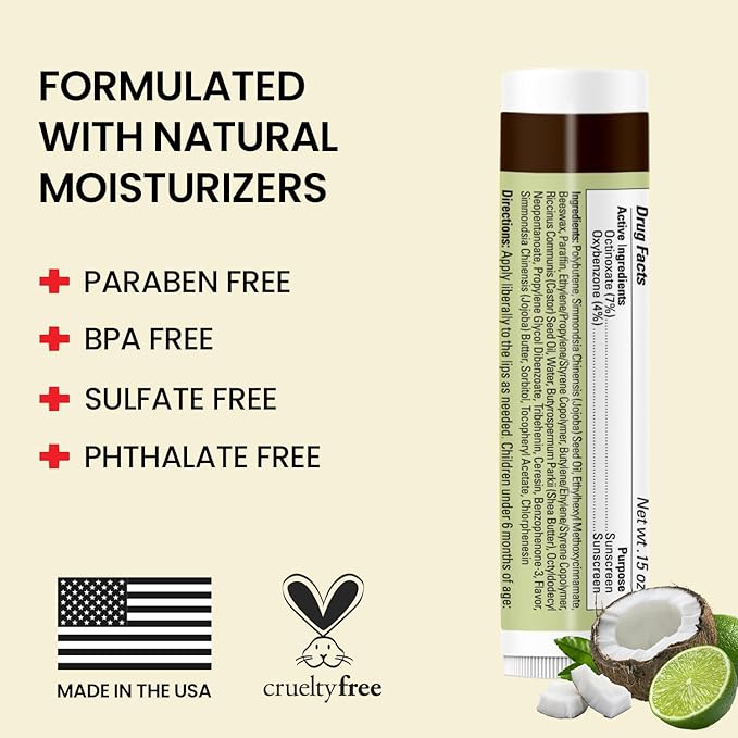 Original Udder Stick SPF Lip Balm, Soothing Moisturizer Sun Screen Balm for Dry Lips with Jojoba, Beeswax & Shea Butter, Total Lip Care, Hydration & Repair, Coconut-Lime Flavor, 4 Pack