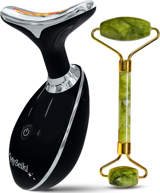 7 LED Light Beauty Tool – Face and Neck Massager with Jade Roller, Case, Black