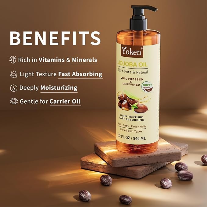 Yoken 32 fl oz (EWG Verified) 100% Pure Jojoba Carrier Oil - Unrefined, Hexane-Free, Cold Pressed for Skin, Face, Hair, Nails, and Massage