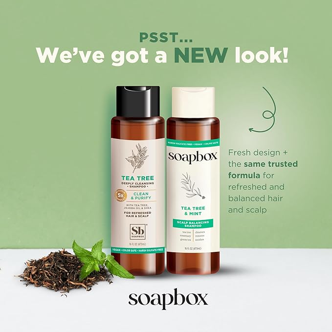 Soapbox Tea Tree Shampoo and Conditioner Set, Scalp Balancing with Tea Tree Oil, Jojoba Oil, Aloe and Shea Butter to Clean and Purify for All Hair Types, 16 Ounces Each (Pack of 2)