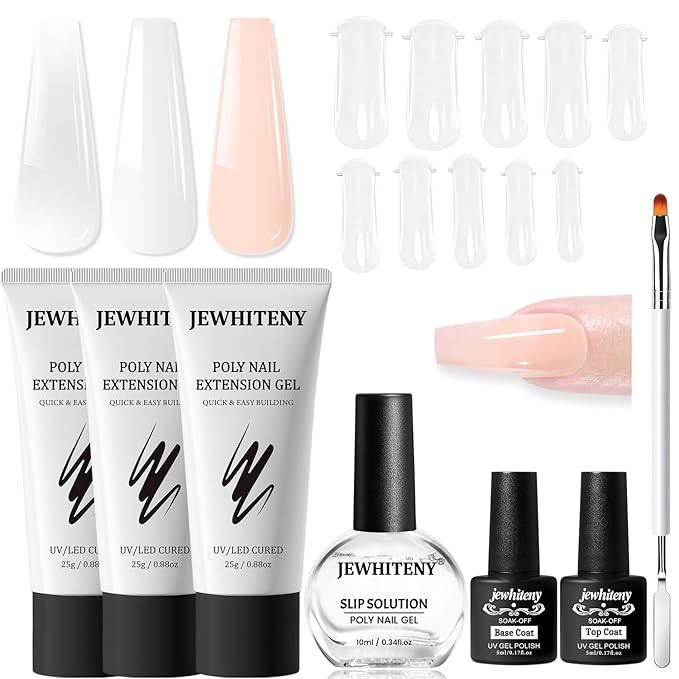 JEWHITENY Poly Extension Gel Nail Set Clear White Pink Poly Nail Gel With Slip Solution Base Coat Top Coat French Manicure for Finger Art and Home DIY Need U V Lamp Curing