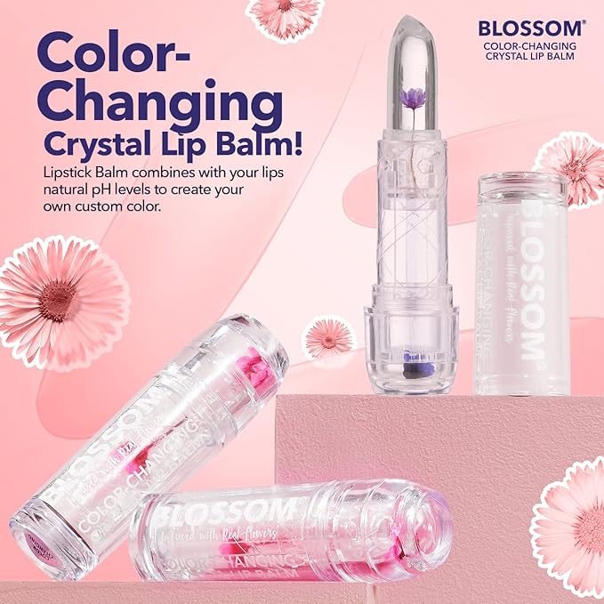 Blossom Moisturizing Custom Color Changing Crystal Lip Balm Strawberry Scented Lip Stain Tint, Mini Coconut Rollon Scented Lip Gloss, Infused with Real Flowers, 2 pk, Coconut/Purple