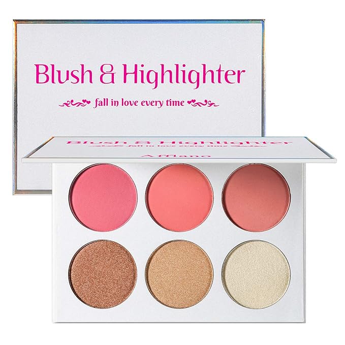 Blusher & Illuminator Highlighter & Bronzer Powder Contour Collection Set - 3 Blusher & 3 Highlighter Powder Palette - Perfect for Contouring and Highlighting - Vegan and Cruelty Free