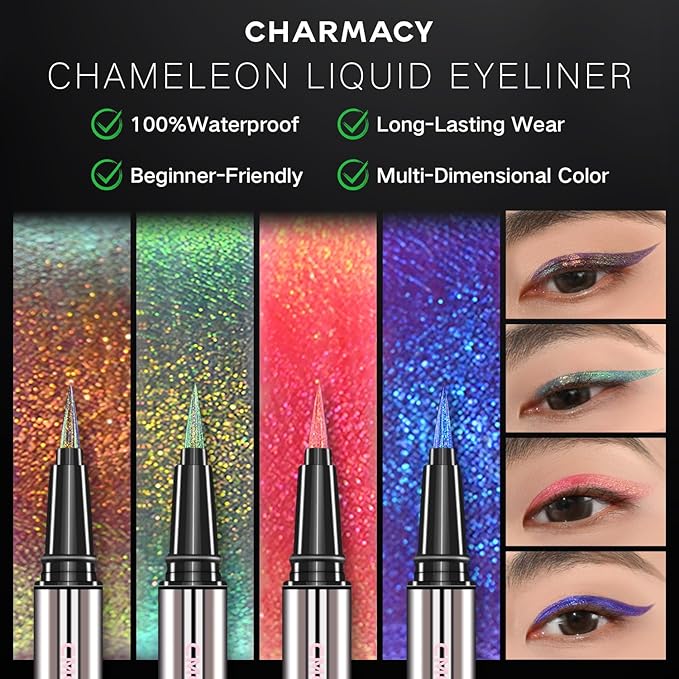 CHARMACY Chameleon Liquid Eyeliner, Liquid Glitter Eyeliner, Highly Pigmented, Metallic MultiColor Shifting waterproof Eyeliner, Ultra-Fine Tip, Longwearing, Smudge-proof (A01 Blush Aurora)