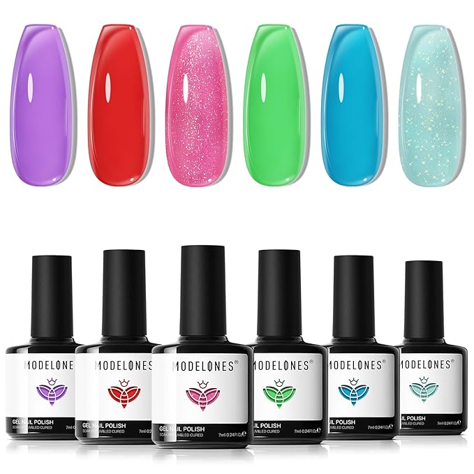 modelones Summer Gel Nail Polish, 6 Colors Jelly Gel Polish Neon LGBT Red Blue Green Pink Purple Nail Art Design Translucent Soak Off Manicure Salon DIY Girls Women Gift