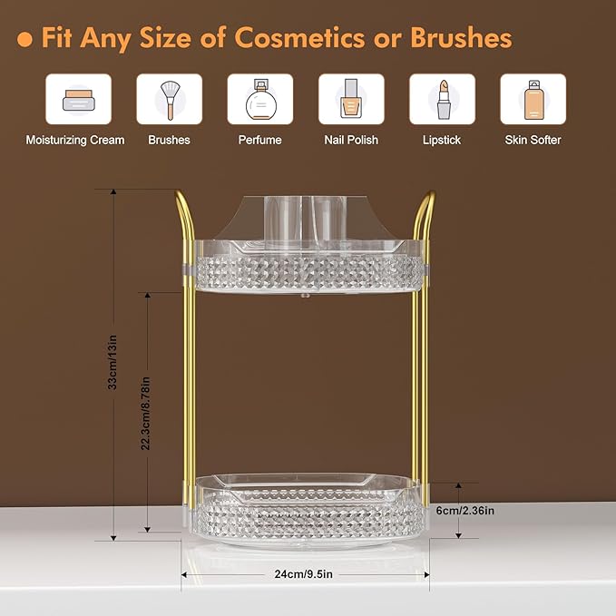 Awenia Rotating Makeup Organizer 360, Stackable Adjustable Large Capacity Cosmetic Storage Unit,Dresser Bathroom Kitchen Countertop Organizer with Metal Handle, Plus Size (Clear, 2 Tier)