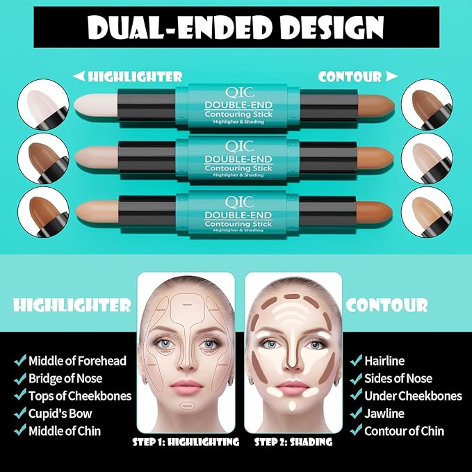 MEICOLY 2-in-1 Highlighter Contour Stick,Cool Toned Contour Stick,Makeup Highlighter Stick,Long Lasting Waterproof Bronzer Contour Pencil,Travel Cream Face Shaping Stick,02