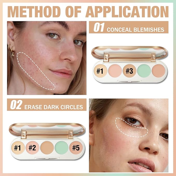 FOCALLURE #GoldenAge 5 in 1 Multi Uses Concealer Palette, 5 Colors Correcting Conceal Palette, Camouflage Contour Palettes for Dark Circles, Face Contouring Highlighter Pallet, CC01 LIGHT-CORRECTING
