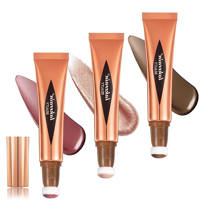 3 Pcs YU KUI LX Liquid Beauty Stick, Highlighter Makeup, Blush Stick, Liquid Highlighter, Contour StickMultifunctional Beauty Stick，Beauty Cream With Cushion Applicator (02#+04#+06#)