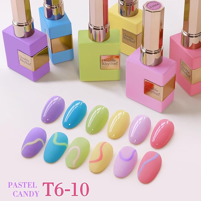 Double Rhythm 6 Pcs 15 ML Gel Polish Set Same Color Same Bottle Soak Off Gel Polish Kit Nail Art Manicure Salon DIY at Home for Women (Purple Blue Green Yellow Pink Peach-T6-10)