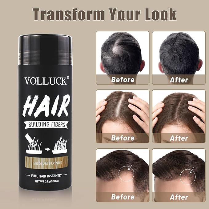VOLLUCK Hair Fibers for Thinning Hair, Instant Coverage Hair Building Fibers for Women and men, Natural Hair Powder for Conceal Hair Loss 28 g (Medium Blonde)