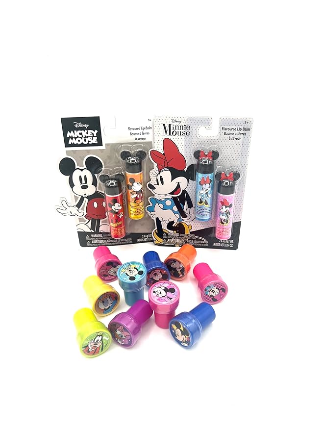 Disney Mickey and Minnie Lip Balm Bundle with 4 Lip Balms in Assorted Flavors - Bonus 1 Assorted Disney Stamp