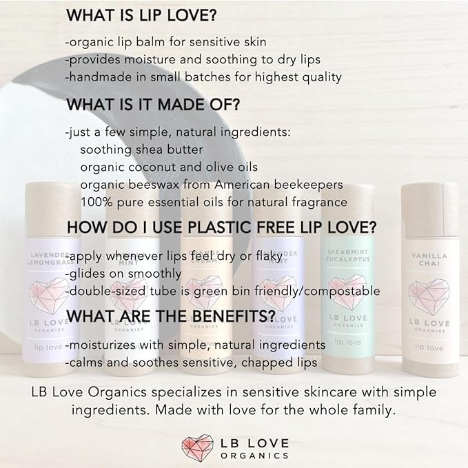 Plastic Free Lip Love | Jumbo Organic Lip Balm | Organic Beeswax and Plant Based | Zero Waste Natural Lip Balm (Vanilla Mint)