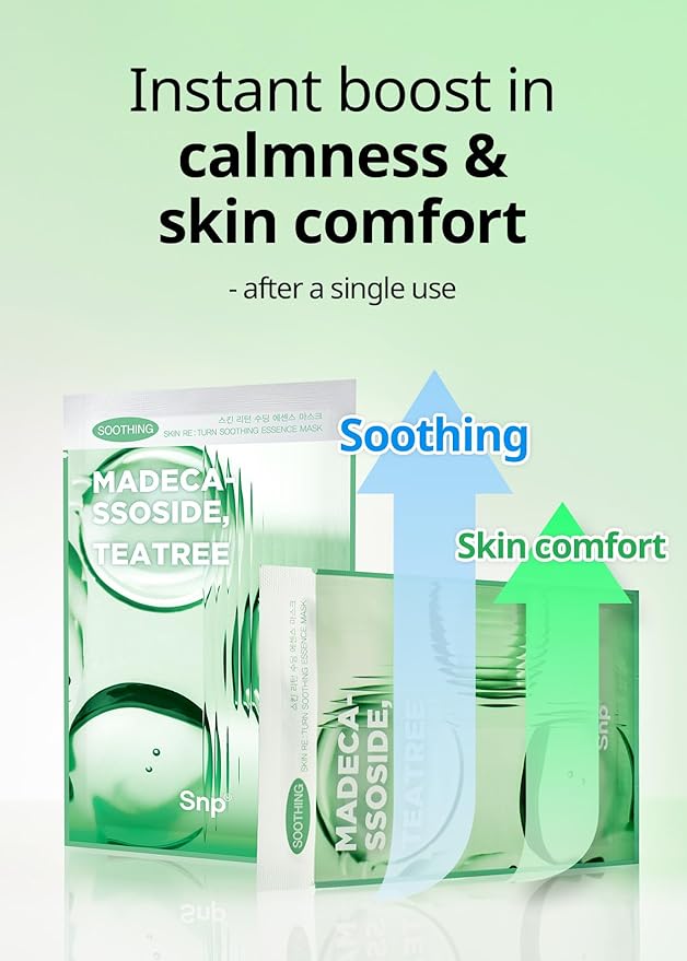 SNP Skin Return Soothing Essence Sheet Mask | Moisturizing and Hydrating for All Skin Types | Vegan Sheet Masks with Tea Tree Extract | Korean Face Masks Skincare | Facial Mask | 10 Sheets