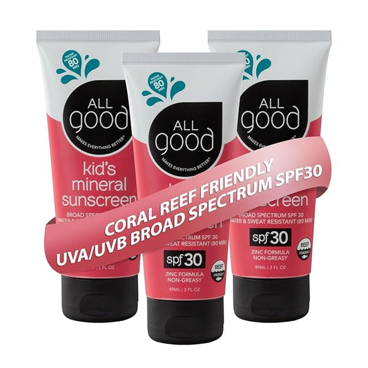 All Good Baby & Kids Sunscreen Lotion for Face & Body - UVA/UVB Broad Spectrum, SPF 30, Zinc Oxide, Coral Reef Friendly, Water Resistant - Zinc, Shea Butter, Coconut Oil, Aloe (3 oz)(3-pack)