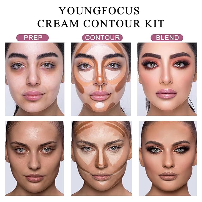 Youngfocus Cosmetics Cream Contour Best 8 Colors Contouring Foundation - Highlighting Makeup Kit/Concealer Palette - Vegan, Cruelty Free and Hypoallergenic - Instruction Manual（Deep Pink）