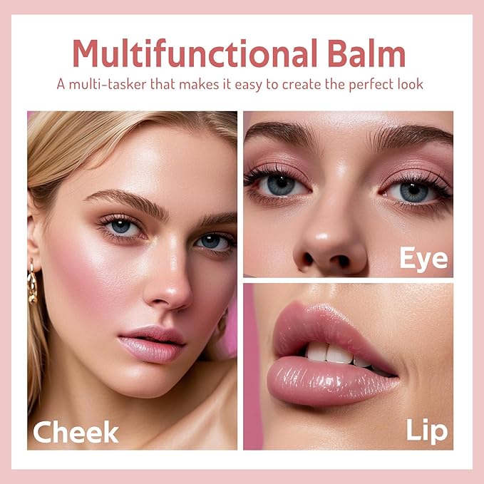 Multi Cream Blush & Blush Brush Set, Korean Makeup Blush for Cheeks, Multi-Use Face Balm, Lightweight & Hydrating, Blendable Color, Non-Greasy, Soft Bristles for Radiant Finish (Pink Camellia)