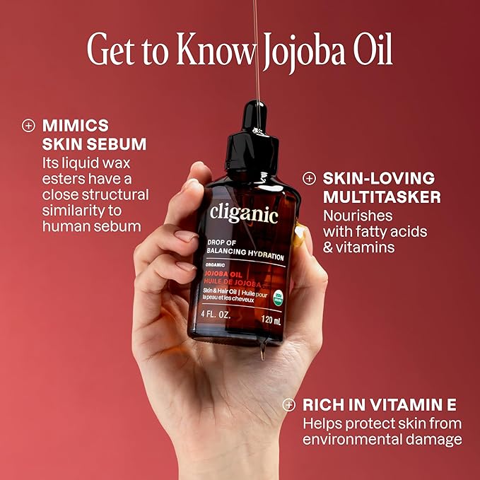 Cliganic Organic Jojoba Oil, 100% Pure (4oz) | Moisturizing for Face, Hair, Skin & Nails | Natural Cold Pressed Hexane Free | Base Carrier Oil (Packaging May Vary)