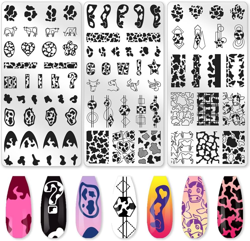 3Pcs Cute Cow Nail Stamping Plate Set Graffiti Spots Animal Heart ShapedStainless Steel Nail Templates Clear Silicone Nails Stamping with Stamper Scraper for Manicure Printing