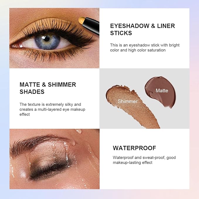 Eyeshadow Stick, Shimmer and Matte Cream Eye Shadow Brightener Sticks Eyeliner Pencil Crayon, Waterproof Long Lasting Eye Highlighter Stick Makeup,0.056 Oz(#9-Champagne)