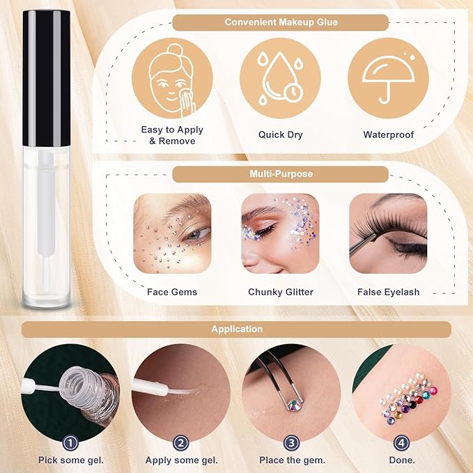 Colorful Face Gems for Makeup Set, Flatback Gorgeous Charming Mixed-Colored Chameleon Crystals with Makeup Glue+Picker Pencil+Tweezer for Eye Body Hair Make-up and Nail Art Deco