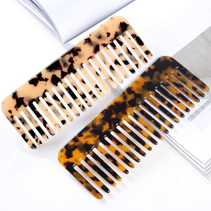 Fsmiling Wide Tooth Comb Large Detangling Comb Cellulose Detangler Comb for Women Thick Curly Wavy Wet Dry Hair 2 Pack,Tortoise shell