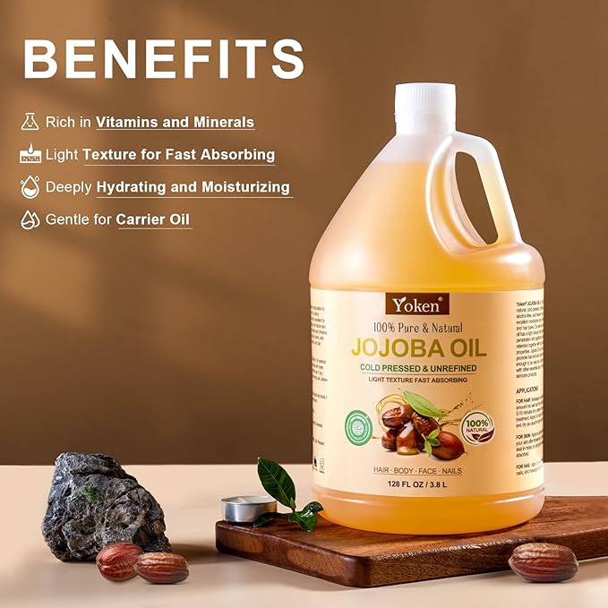 Yoken 1 Gallon Jojoba Oil EWG Verified - 100% Pure Jojoba Oils Bulk Cold Pressed Unrefined Hexane Free Virgin Golden jojoba Carrier Oil for Hair Skin Massage DIY Natural Body Moisturizer