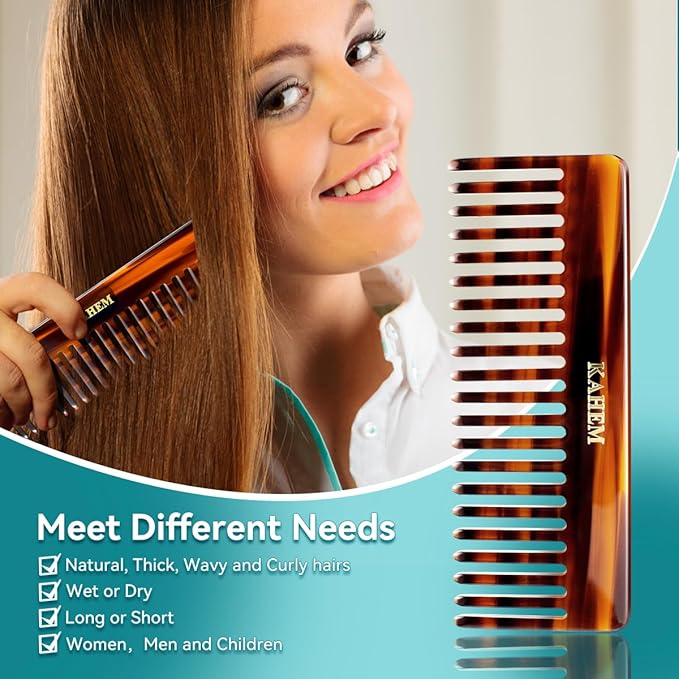 KAHEM Large Wide Tooth Detangler Comb for Women, Men, and Kids - Handmade for Curly, Long, and Short Hair - Professional Wet and Dry Hair Cutting Comb - 6.29 Inch