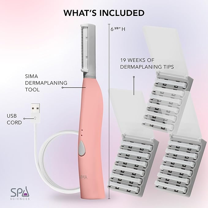 SPA SCIENCES - SIMA Patented Dermaplane Razor for Women Face – Painless 2-in-1 Facial Exfoliation & Peach Fuzz Hair Removal – Anti-Aging – 3 Speeds – Rechargeable – 19 Weeks Treatment
