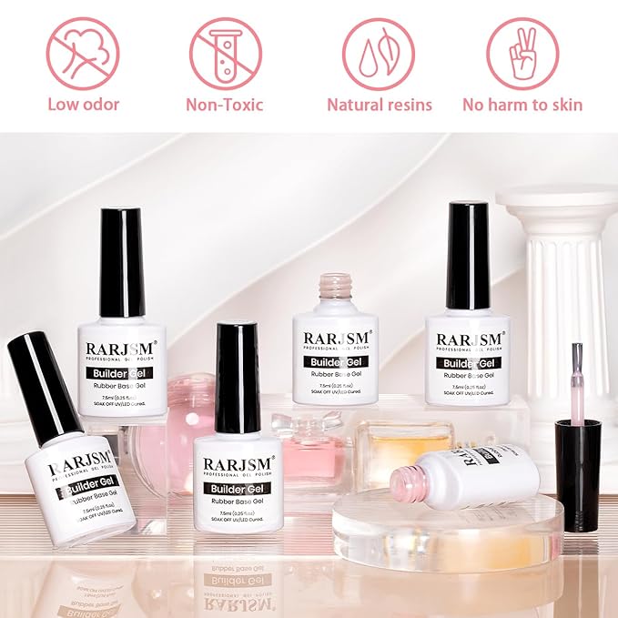 RARJSM Nude Rubber Base Gel Nail Polish Set Clear Sheer Milky White Opaque Pink Builder Base Gel in a Bottle Hard Extension Gel Skin Tone 6 Netural Colors Cured for Nails at Home Salon DIY Beginner