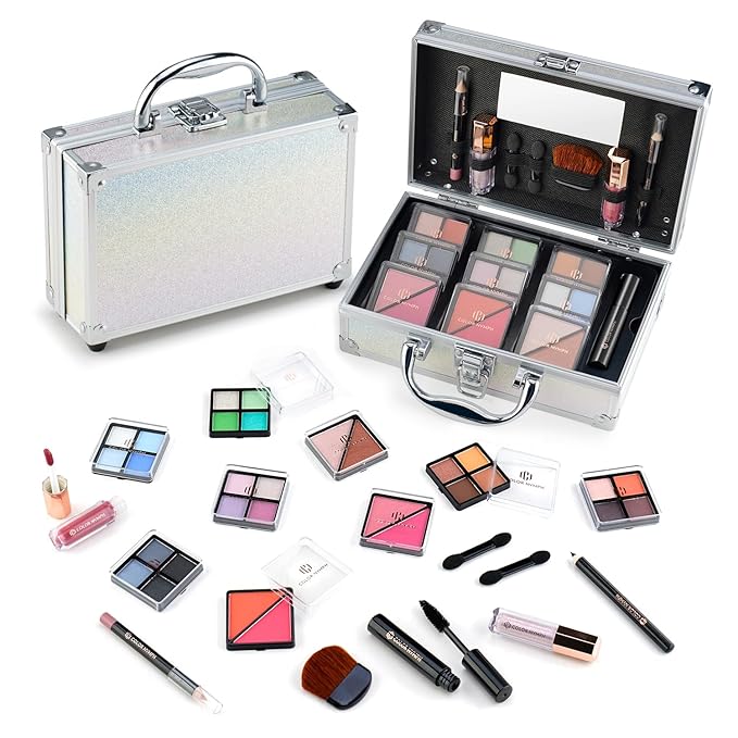 Color Nymph Beginner Makeup Kits For Teens With Train Case Included Full Makeup Kit Eyeshadow Palette Blushes Bronzer Highlighter Lipstick Brushes Mirror (White)