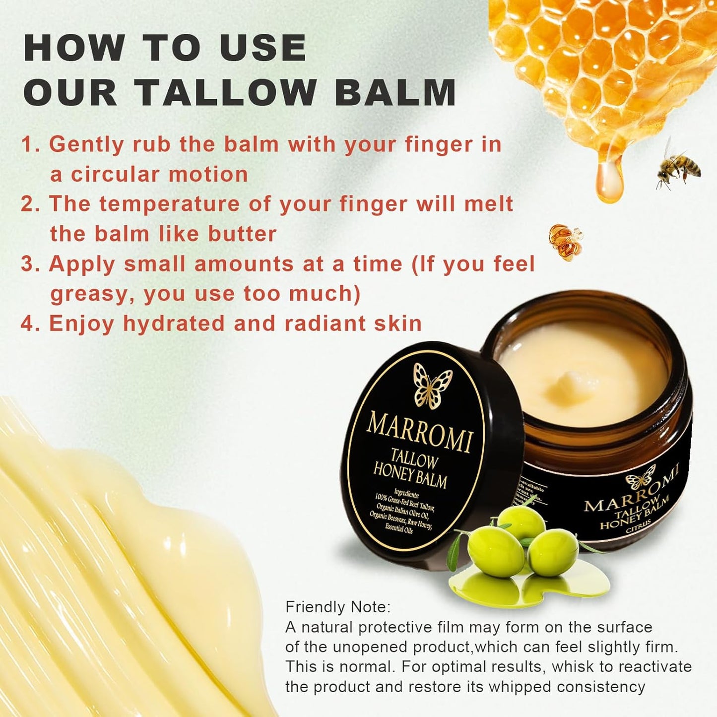 Marromi Beef Tallow for Skin, Tallow Honey Balm, Organic Grass-Fed Beef Tallow Balm with Raw Honey, Natural Soothing Moisturizing (1Pc, 2ounce)