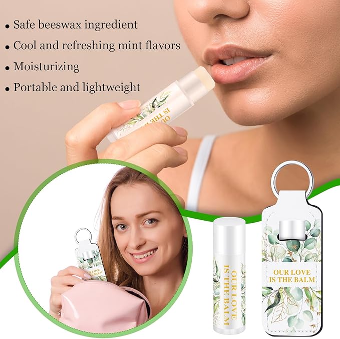 18 Sets Baby Shower Bridal Shower Favors for Guests Bulk Lip Balm and Lipstick Holder Keychains Set Baby Shower Bridal Shower Goodies Bags Thank You Gifts for Guests(Eucalyptus Wedding)