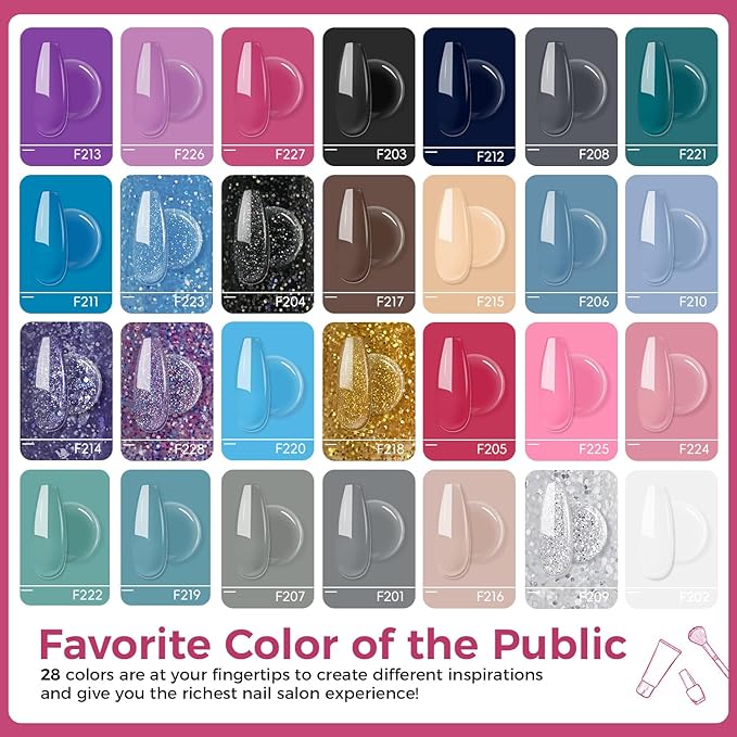 JEWHITENY 28 Colors Poly Nail Gel Kit with Base Top Coat Purple Blue Yellow Nude Pink Glitter Shades Quick-Dry for Beginners DIY Need U V Lamp Curing