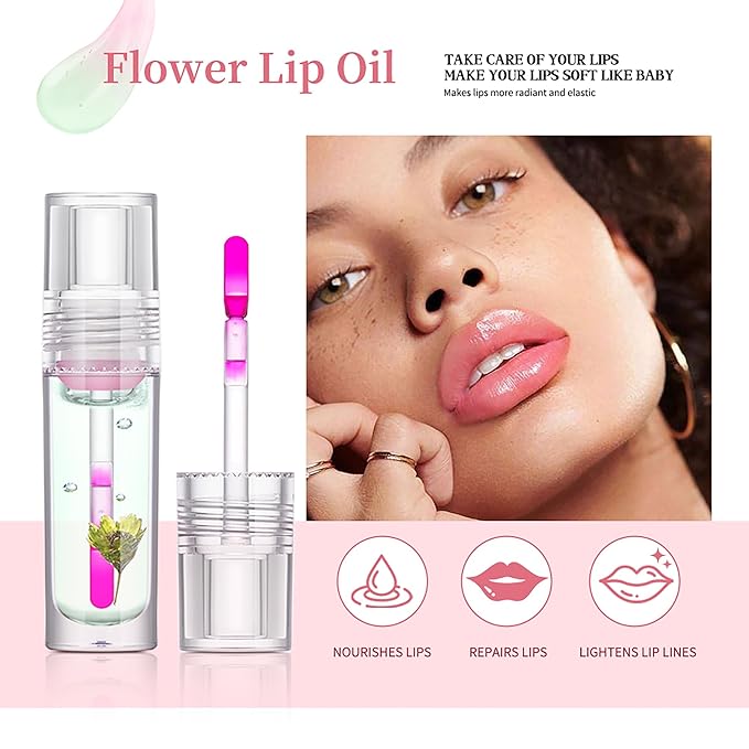 Flower Lip Oil, Hydrating Lip Glow Oil, Plumping Lip Oil, Non-Sticky Long Lasting Lip Oil Gloss, Transparent Lip Oil Tinted, Lip Plumper Gloss, Moisturize your lips and Reduce lip lines (05)