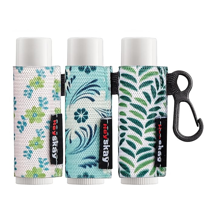 3PCS Lip Balm Holder Lip Gloss Sleeves Keychain Lipstick Holder Keychain Chapstick Elastic Sleeves Bulk(Green Print Flower X3)
