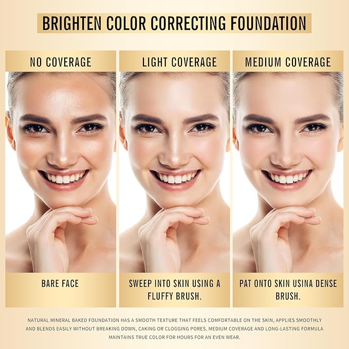 KIMUSE Lighting Glow Baked Foundation, Brighten Color, Color Corrector, Buildable Coverage, Lightweight Powder Foundation, Radiant Natural Finish