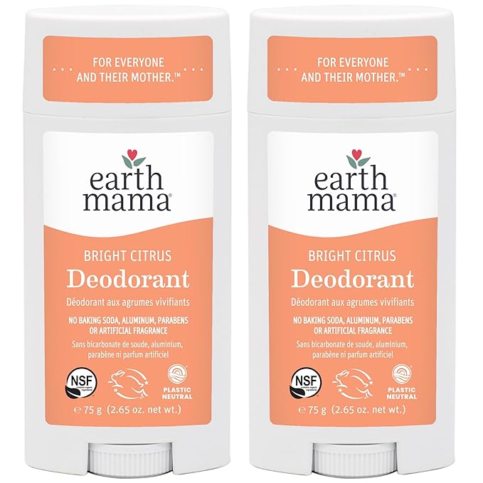 Earth Mama Bright Citrus Deodorant | Safe for Sensitive Skin, Pregnancy and Breastfeeding, Contains Organic Grapefruit and Calendula, No Baking Soda or Aluminum, 2.65-Ounce (2-Pack)