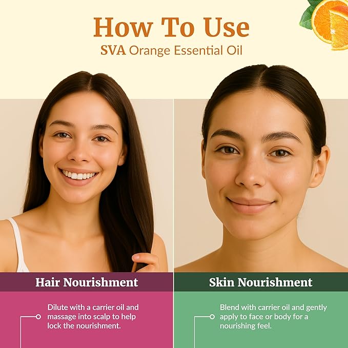 SVA Orange Essential Oil – 4 Fl Oz – 100% Natural Orange Oil - for Diffuser, Hair Care, Face, Skin Care, Aromatherapy, Scalp and Body Massage, Soap and Candle Making - with Dropper