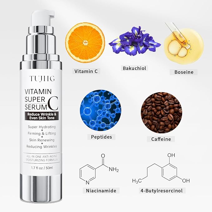 Vitamin C Retinol Serum for Face, Brightening & Anti-Aging with Hyaluronic Acid, Vitamin E, Peptides, Collagen - Hydrates, Firms, Lifts, Smooths, Targets Age Spots, Wrinkles, 1.7 Fl Oz