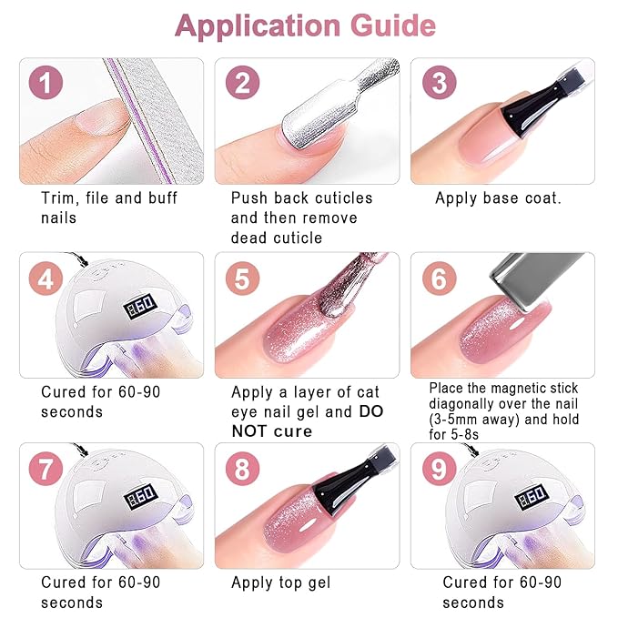 RARJSM Nude Cat Eye Gel Polish Set 6 Pcs Sparkle Diamond Glitter Sheer Purple Soft Pink Chanpagne Gold Velvet Ice Jelly Glass Cateye Gelpolish with Magnet Stick UV LED Curing Requires Home Manicure