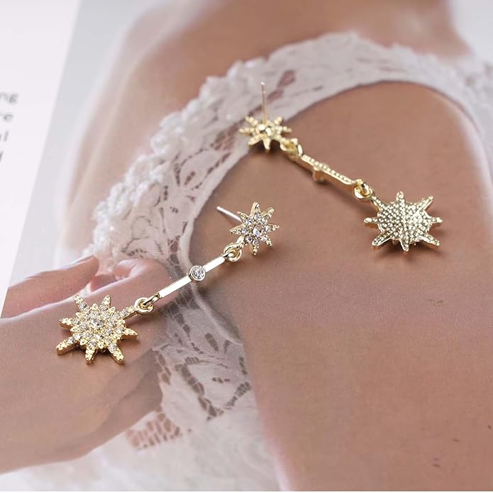Vintage Crystal Starburst Drop Earrings Long Rhinestone Northstar Earrings Gold Cz Star Dangle Earrings Cz North Star Stud Earrings Jewelry for Women