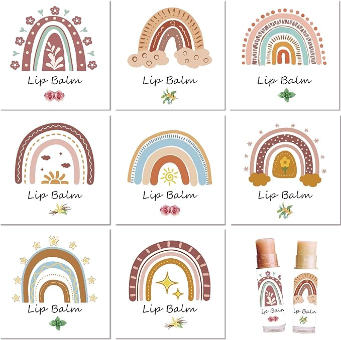 CRASPIRE 80Pcs 8 Styles Lip Balm Sticker Rainbow Self-Adhesive Homemade Lip Balm Labels Vintage Square DIY Label Stickers for Lip Balm Containers Cosmetics Lipsticks