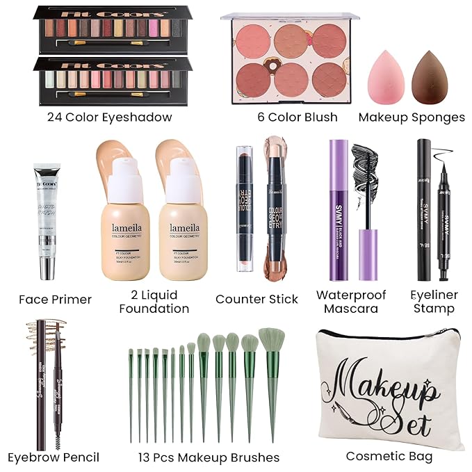 Makeup Kit for Women Full Kit, Travel Makeup Kit for, Makeup Present Set for Teens Girls Beginners Professionals, Makeup Bundle Include 2 Matte & Glitter Eyeshadow Palettes, Lip Gloss Set