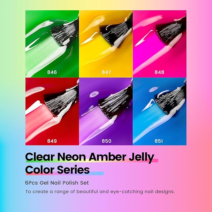 RARJSM Neon Jelly Gel Nail Polish Set 6pcs Clear Crytal Glass Yellow Blue Green Red Pink Purple Transparent Sheer Gel Varnish LED UV Curing Requires French Manicure Soad off Summer Iridescent Colors