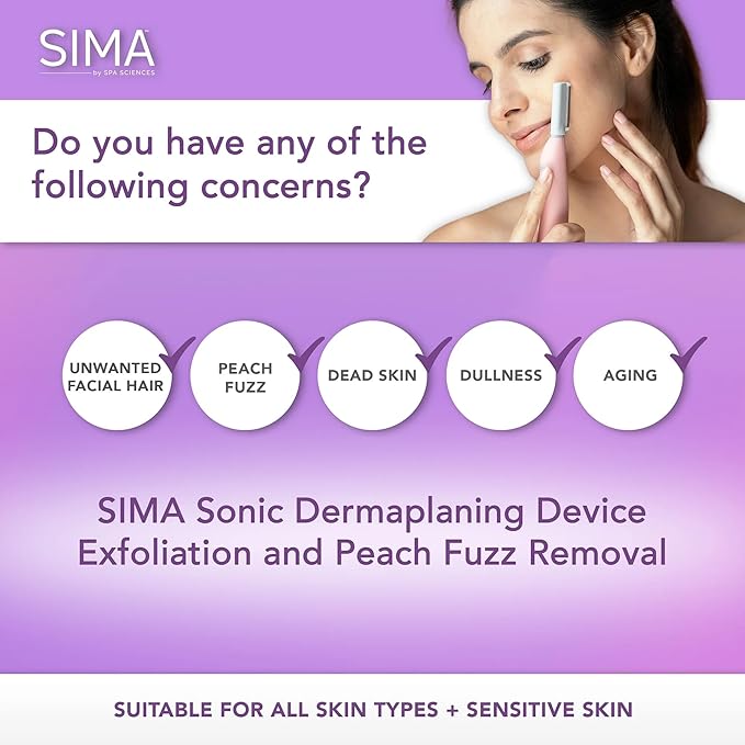 SPA SCIENCES - SIMA Patented Dermaplane Razor for Women Face – Painless 2-in-1 Facial Exfoliation & Peach Fuzz Hair Removal – Anti-Aging – 3 Speeds – Rechargeable – 19 Weeks Treatment