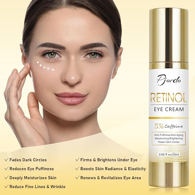 Retinol Eye Cream for Dark Circles Puffiness, Under Eye Cream Anti Aging Eye Cream Reduce Wrinkles & Fine Lines, 5% Caffeine Eye Cream with Eye Massage Wand, Perfect Gifts